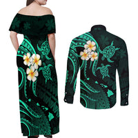 Polynesian Hawaii Couples Off Shoulder Maxi Dress and Long Sleeve Button Shirts Niihau Islands with Pacific Plumeria Turquoise Vibe LT9 - Polynesian Pride