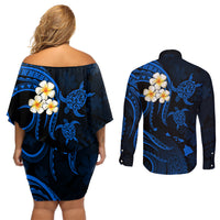 Hawaii Couples Off Shoulder Short Dress and Long Sleeve Button Shirts Molokai Islands Polynesian Sunset Plumeria Blue Vibe LT9 - Polynesian Pride