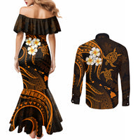 Hawaii Couples Mermaid Dress and Long Sleeve Button Shirts Molokai Islands Polynesian Sunset Plumeria Gold Vibe LT9 - Polynesian Pride