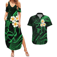 Hawaii Couples Summer Maxi Dress and Hawaiian Shirt Molokai Islands Polynesian Sunset Plumeria Green Vibe LT9 Green - Polynesian Pride
