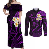 Polynesian Hawaii Couples Off Shoulder Maxi Dress and Long Sleeve Button Shirts Molokai Islands with Pacific Plumeria Purple Vibe LT9 Purple - Polynesian Pride