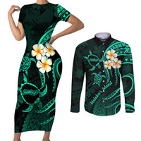 Polynesian Hawaii Couples Short Sleeve Bodycon Dress and Long Sleeve Button Shirts Molokai Islands with Pacific Plumeria Turquoise Vibe LT9 Turquoise - Polynesian Pride