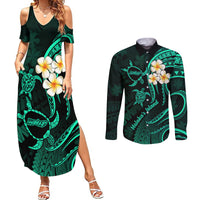 Polynesian Hawaii Couples Summer Maxi Dress and Long Sleeve Button Shirts Molokai Islands with Pacific Plumeria Turquoise Vibe LT9 Turquoise - Polynesian Pride