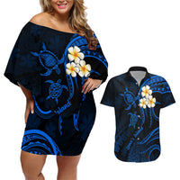 Hawaii Couples Off Shoulder Short Dress and Hawaiian Shirt Lanai Islands Polynesian Sunset Plumeria Blue Vibe LT9 Blue - Polynesian Pride