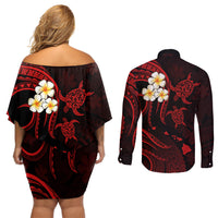 Polynesian Hawaii Couples Off Shoulder Short Dress and Long Sleeve Button Shirts Lanai Islands with Pacific Plumeria Red Vibe LT9 - Polynesian Pride