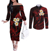 Polynesian Hawaii Couples Off The Shoulder Long Sleeve Dress and Long Sleeve Button Shirts Lanai Islands with Pacific Plumeria Red Vibe LT9 Red - Polynesian Pride