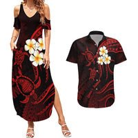 Polynesian Hawaii Couples Summer Maxi Dress and Hawaiian Shirt Lanai Islands with Pacific Plumeria Red Vibe LT9 Red - Polynesian Pride