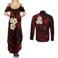 Polynesian Hawaii Couples Summer Maxi Dress and Long Sleeve Button Shirts Lanai Islands with Pacific Plumeria Red Vibe LT9 - Polynesian Pride