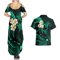 Polynesian Hawaii Couples Summer Maxi Dress and Hawaiian Shirt Lanai Islands with Pacific Plumeria Turquoise Vibe LT9 - Polynesian Pride