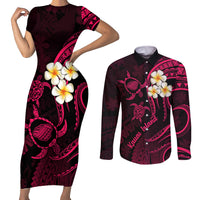 Hawaii Couples Short Sleeve Bodycon Dress and Long Sleeve Button Shirts Kauai Islands Polynesian Sunset Plumeria Pink Vibe LT9 Pink - Polynesian Pride