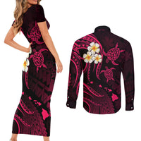 Hawaii Couples Short Sleeve Bodycon Dress and Long Sleeve Button Shirts Kauai Islands Polynesian Sunset Plumeria Pink Vibe LT9 - Polynesian Pride