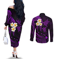 Polynesian Hawaii Couples Off The Shoulder Long Sleeve Dress and Long Sleeve Button Shirts Kauai Islands with Pacific Plumeria Purple Vibe LT9 - Polynesian Pride