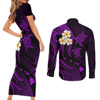 Polynesian Hawaii Couples Short Sleeve Bodycon Dress and Long Sleeve Button Shirts Kauai Islands with Pacific Plumeria Purple Vibe LT9 - Polynesian Pride