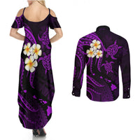 Polynesian Hawaii Couples Summer Maxi Dress and Long Sleeve Button Shirts Kauai Islands with Pacific Plumeria Purple Vibe LT9 - Polynesian Pride