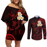 Polynesian Hawaii Couples Off Shoulder Short Dress and Long Sleeve Button Shirts Kauai Islands with Pacific Plumeria Red Vibe LT9 Red - Polynesian Pride