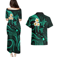 Polynesian Hawaii Couples Puletasi Dress and Hawaiian Shirt Kauai Islands with Pacific Plumeria Turquoise Vibe LT9 - Polynesian Pride