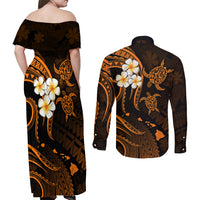 Hawaii Couples Off Shoulder Maxi Dress and Long Sleeve Button Shirts Kahoolawe Islands Polynesian Sunset Plumeria Gold Vibe LT9 - Polynesian Pride