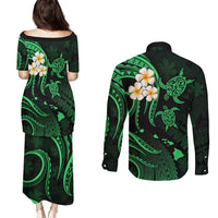 Hawaii Couples Puletasi Dress and Long Sleeve Button Shirts Kahoolawe Islands Polynesian Sunset Plumeria Green Vibe LT9 - Polynesian Pride