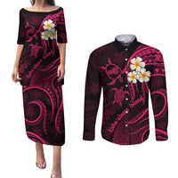 Hawaii Couples Puletasi Dress and Long Sleeve Button Shirts Kahoolawe Islands Polynesian Sunset Plumeria Pink Vibe LT9 Pink - Polynesian Pride