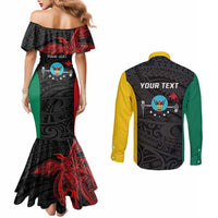 Personalised PNG Hela Province Couples Matching Mermaid Dress and Long Sleeve Button Shirt Bird of Paradise Tattoo Flag Motif - Polynesian Pride
