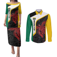 Personalised PNG Hela Province Couples Matching Puletasi and Long Sleeve Button Shirt Bird of Paradise Tattoo Flag Motif - Polynesian Pride