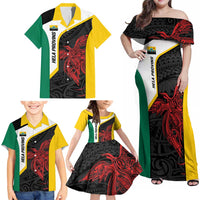 Personalised PNG Hela Province Family Matching Off Shoulder Maxi Dress and Hawaiian Shirt Bird of Paradise Tattoo Flag Motif - Polynesian Pride