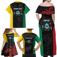 Personalised PNG Hela Province Family Matching Off Shoulder Maxi Dress and Hawaiian Shirt Bird of Paradise Tattoo Flag Motif - Polynesian Pride