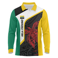 Personalised PNG Hela Province Long Sleeve Polo Shirt Bird of Paradise Tattoo Flag Motif - Polynesian Pride