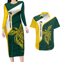 Personalised PNG Jiwaka Province Couples Matching Long Sleeve Bodycon Dress and Hawaiian Shirt Bird of Paradise Tattoo Flag Motif LT9 Green - Polynesian Pride