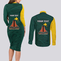 Personalised PNG Jiwaka Province Couples Matching Long Sleeve Bodycon Dress and Long Sleeve Button Shirt Bird of Paradise Tattoo Flag Motif LT9 - Polynesian Pride