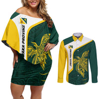 Personalised PNG Jiwaka Province Couples Matching Off Shoulder Short Dress and Long Sleeve Button Shirt Bird of Paradise Tattoo Flag Motif LT9 Green - Polynesian Pride