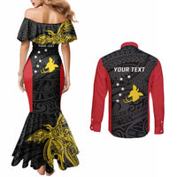 Personalised PNG Sandaun Province Couples Matching Mermaid Dress and Long Sleeve Button Shirt Bird of Paradise Tattoo Flag Motif - Polynesian Pride