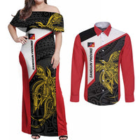 Personalised PNG Sandaun Province Couples Matching Off Shoulder Maxi Dress and Long Sleeve Button Shirt Bird of Paradise Tattoo Flag Motif - Polynesian Pride