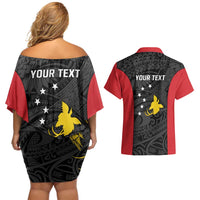 Personalised PNG Sandaun Province Couples Matching Off Shoulder Short Dress and Hawaiian Shirt Bird of Paradise Tattoo Flag Motif - Polynesian Pride