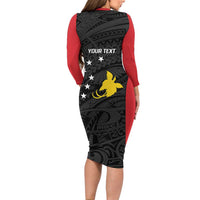 Personalised PNG Sandaun Province Long Sleeve Bodycon Dress Bird of Paradise Tattoo Flag Motif LT9 - Polynesian Pride