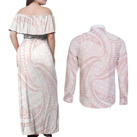 White Sunday Lotu Tamaiti Couples Matching Off Shoulder Maxi Dress and Long Sleeve Button Shirt Polynesian Wave Pastel Blush - Polynesian Pride