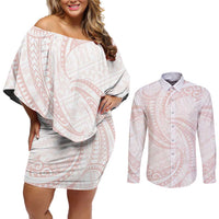 White Sunday Lotu Tamaiti Couples Matching Off Shoulder Short Dress and Long Sleeve Button Shirt Polynesian Wave Pastel Blush - Polynesian Pride