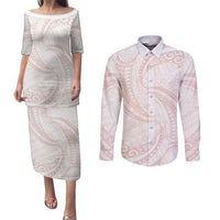 White Sunday Lotu Tamaiti Couples Matching Puletasi and Long Sleeve Button Shirt Polynesian Wave Pastel Blush - Polynesian Pride