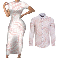 White Sunday Lotu Tamaiti Couples Matching Short Sleeve Bodycon Dress and Long Sleeve Button Shirt Polynesian Wave Pastel Blush - Polynesian Pride