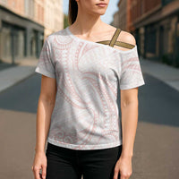 White Sunday Lotu Tamaiti Cross Shoulder Shirt Polynesian Wave Pastel Blush - Polynesian Pride