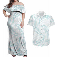 White Sunday Lotu Tamaiti Couples Matching Off Shoulder Maxi Dress and Hawaiian Shirt Polynesian Wave Pastel Cyan - Polynesian Pride