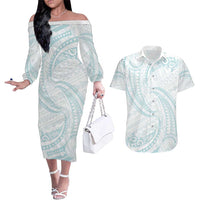 White Sunday Lotu Tamaiti Couples Matching Off The Shoulder Long Sleeve Dress and Hawaiian Shirt Polynesian Wave Pastel Cyan - Polynesian Pride