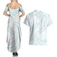White Sunday Lotu Tamaiti Couples Matching Summer Maxi Dress and Hawaiian Shirt Polynesian Wave Pastel Cyan - Polynesian Pride