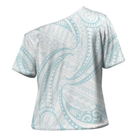 White Sunday Lotu Tamaiti Cross Shoulder Shirt Polynesian Wave Pastel Cyan - Polynesian Pride
