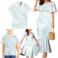 White Sunday Lotu Tamaiti Family Matching Mermaid Dress and Hawaiian Shirt Polynesian Wave Pastel Cyan - Polynesian Pride