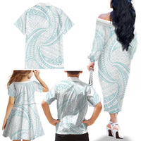 White Sunday Lotu Tamaiti Family Matching Off The Shoulder Long Sleeve Dress and Hawaiian Shirt Polynesian Wave Pastel Cyan - Polynesian Pride