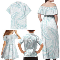 White Sunday Lotu Tamaiti Family Matching Off Shoulder Maxi Dress and Hawaiian Shirt Polynesian Wave Pastel Cyan - Polynesian Pride