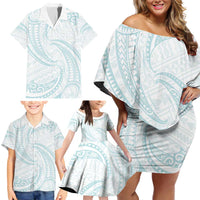 White Sunday Lotu Tamaiti Family Matching Off Shoulder Short Dress and Hawaiian Shirt Polynesian Wave Pastel Cyan - Polynesian Pride