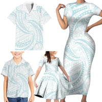 White Sunday Lotu Tamaiti Family Matching Short Sleeve Bodycon Dress and Hawaiian Shirt Polynesian Wave Pastel Cyan - Polynesian Pride