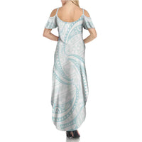 White Sunday Lotu Tamaiti Family Matching Summer Maxi Dress and Hawaiian Shirt Polynesian Wave Pastel Cyan - Polynesian Pride